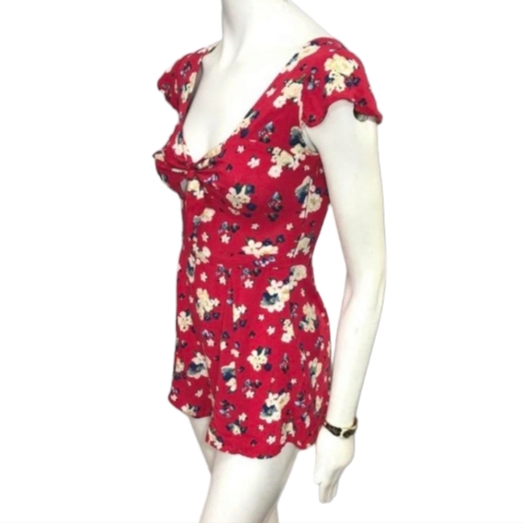 F21 - LG Red Floral Bow Tie Bohemian Romper - Picture 3 of 9
